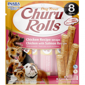 Лакомство за капризни кучета Churu Dog Treats Rolls Chicken Recipe wraps Chicken with Salmon близалка с пълнеж от пилешко месо и сьомга