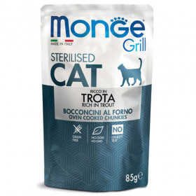 Monge Grill Sterilised с пъстърва – пауч с хапки в желе – за кастрирани котки в зряла възраст 85 гр.