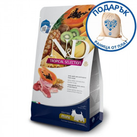 N&D DOG TROPICAL SELECTION LAMB ADULT MINI - Суха храна за кучета над 1 година от дребните породи, с агнешко, спелта, овес и тропически плодове 5кг  + подарък раница от плат
