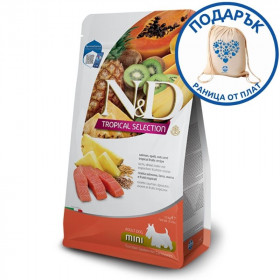 N&D DOG TROPICAL SELECTION SALMON ADULT MINI - Суха храна за кучета над 1 година от дребните породи, със сьомга, спелта, овес и тропически плодове 5кг  + подарък раница от плат