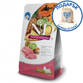 N&D DOG TROPICAL SELECTION PORK ADULT MINI - Суха храна за кучета над 1 година от дребните породи, със свинско, спелта, овес и тропически плодове 5кг  + подарък раница от плат