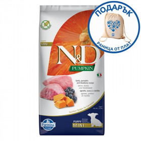 N&D Pumpkin Puppy Mini Lamb&Blueberry за подрастващи кучета от малките породи с агнешко месо, тиква и боровинка 7кг + подарък раница от плат