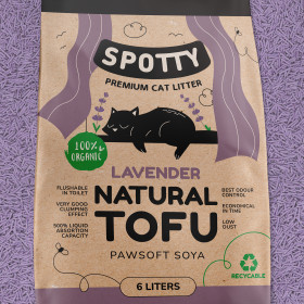 Соева котешка тоалетна SPOTTY TOFU LAVANDER със свеж аромат на лавандула, с незабавно слепване и възможност за иззхвърляне в тоалетната