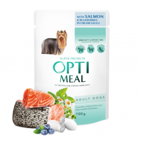 Пауч за кучета OPTIMEAL ™ Сomplete сanned pet food for adult dogs with salmon and blueberries in cream sauce със сьомга и боровинки в кремообразен сос