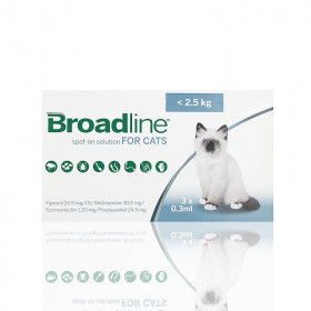Merial Broadline - широкоспектърна защита срещу вътрешни и външни паразити при котки с тегло до 2.5 кг.