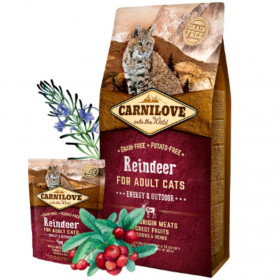 Пълноценна суха храна за котки с достъп до външна среда Carnilove Raineder Adult Cats-Energy&Outdoor с 28% месо от елен,28% месо от глиган , плодове и зеленчуци