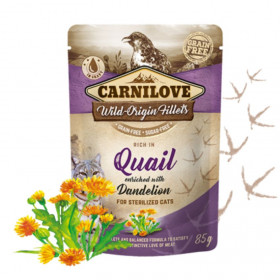 Натурална, мокра храна за кастрирани котки Carnilove CAT POUCH rich in Quail with dandelion със 71% пилешко месо, 14% пъдпъдъче, обогатена с глухарче, БЕЗ зърнени култури