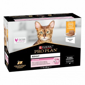 Консерва за кастрирани котки Purina Pro Plan Delicate - консервирана храна за котки в зряла възраст с чувствително храносмилане, с високо съдържание на пиле 12x85г
