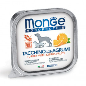 Монопротеинова храна за кучета в зряла възраст Monge Terrine Dog Fruit Pate Turkey with citrus fruits -терин пастет с пуешко и цитрусови плодове 150гр.