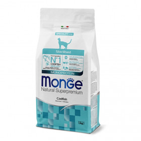 Монопротеинова суха храна за кастрирани котки Monge Natural Superpremium Cat Sterilised Codfish  с риба треска 