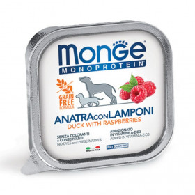 Монопротеинова храна за кучета в зряла възраст Monge Terrine Dog Fruit Pate Duck with raspberries - терин пастет с патешко и малини 150гр.