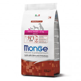 Монопротеинова храна за кучета в зряла възраст от миниатюрни породи Monge Natural Superpremium Dog Extra Small Adult Lamb, Rice & Potatoes - с агнешко, ориз и картофи 