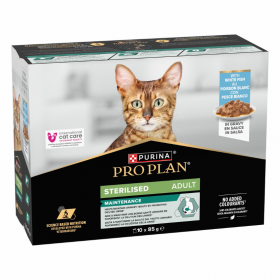 Паучове за кастрирани котки Purina Pro Plan Sterilised Cat с високо съдържание на бяла риба 10x85г