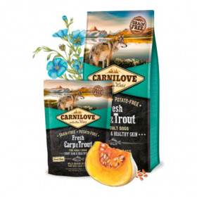 Натурална суха храна с прясно месо за кучета Carnilove FRESH  Carp & Trout Shiny Hair & Healthy Skin Adult със 26% шаран и 18% пъстърва, БЕЗ ЗЪРНЕНИ КУЛТУРИ 