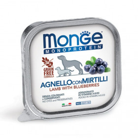 Монопротеинова храна за кучета в зряла възраст Monge Terrine Dog Fruit Pate Lamb with blueberries - терин пастет с агнешко и боровинки 150гр.