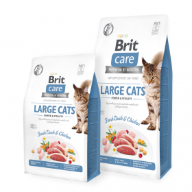 Пълноценна суха храна за котки от едри породи Brit Care Cat Grain-Free Large cats Power & Vitality с прясно патешко месо и грах, БЕЗ ЗЪРНЕНИ КУЛТУРИ