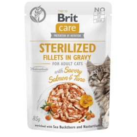 Пауч за котки Brit Care Cat Sterilized Fillets in Gravy with Savory Salmon & Tuna деликатесни филенца за кастрирани котки със сьомга и риба тон 