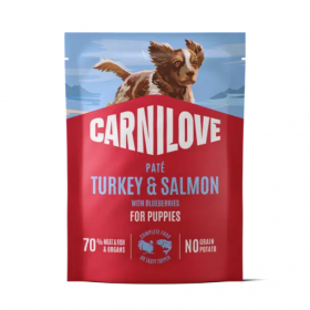 Пълноценна мокра храна за кучета Carnilove Dog Pouch Paté Turkey & Salmon with Blueberries for Puppies с пуйка и сьомга за малки кученца