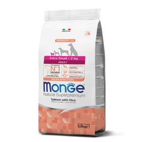 Монопротеинова храна за кучета в зряла възраст от миниатюрни породи Monge Natural Superpremium Dog Extra Small Adult Salmon & Rice - със сьомга и ориз 