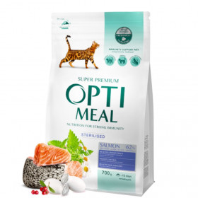 Пълноценна суха храна за кастрирани котки Optimeal Sterilised cats Salmon с високо съдържание на сьомга