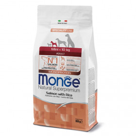 Монопротеинова храна за кучета в зряла възраст от дребни породи Monge Natural Superpremium Adult Mini Salmon & Rice- със сьомга и ориз 