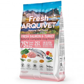 Студено пресована, полувлажна  храна за кучета Arquivet  Fresh Salmon & Turkey с 45% прясна съомга и 30% прясно пуешко месо