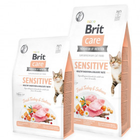 Пълноценна суха храна за котки с чувствително храносмилане Brit Care Cat Grain-Free SENSITIVE HEALTHY DIGESTION AND DELICATE TASTE със  26% прясно пуешко, 26% сьомга и зеленчуци, БЕЗ ЗЪРНЕНИ КУЛТУРИ