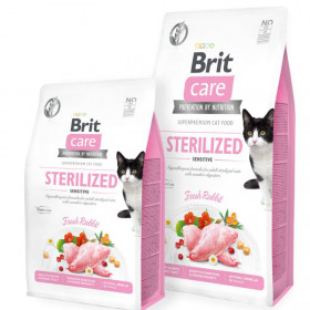 Пълноценна суха храна за кастрирани котки за добро храносмилане Brit Care Cat Grain-Free STERILIZED SENSITIVE със 26% заешко месо и зеленчуци, БЕЗ зърнени култури