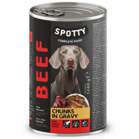 Пълноценна консервирана храна за кучета SPOTTY DOG BEEF говеждо месо на хапки в сос грейви, с добавени витамини и минерали