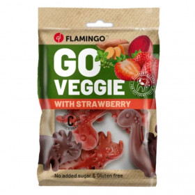 Вегетариански дентални лакомства Flamingo Dino Strawberry във формата на динозавър с вкус на ягода M размер