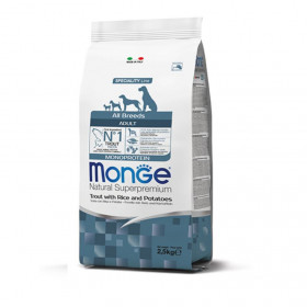 Монопротеинова храна за кучета в зряла възраст от всички породи Monge Natural Superpremium Adult All breeds Trout, Rice & Potatoes - с пъстърва, ориз и картофи