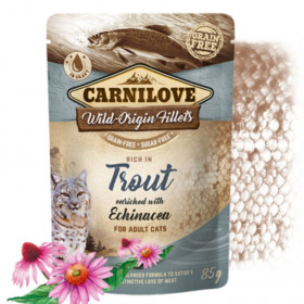 Натурална, мокра храна за котки Carnilove CAT POUCH rich in Trout enriched with Echinacea със 71% пилешко месо, 14% пъстърва, обогатена с ехинацея, БЕЗ зърнени култури