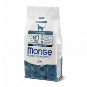 Монопротеинова суха храна за кастрирани котки Monge Natural Superpremium Cat Sterilised Trout  с пъстърва 