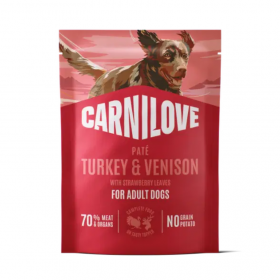 Пълноценна мокра храна за кучета Carnilove Dog Pouch Paté Turkey & Venison with Strawberry Leaves с пуешко месо и елен