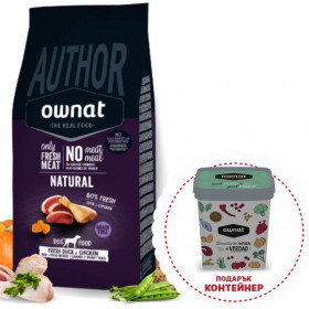 Ултpa пpeмиyм cyxa xpaнa за кучета OWNAT AUTHOR GRAIN FREE FRESH DUCK&CHICKEN cъc 30% иcтинcĸo, прясно патешко месо, 30% пилешко месо,  годжи бери и тиква, БЕЗ ЗЪРНЕНИ КУЛТУРИ, подходящ за всяка порода 10кг + подарък контейнер