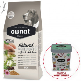 Натурална суха храна Ownat Classic Light с пряснo пилешко месо, за пораснали кучета от всички породи 20кг или 8кг + подарък контейнер