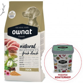 Натурална суха храна Ownat Classic Duck  с прясно патешко месо за пораснали кучета от всички породи 12кг + подарък контейнер