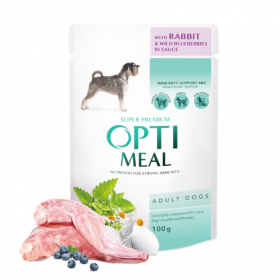 Пауч за кучета OPTIMEAL™. Сomplete сanned pet food for adult dogs with rabbit and wild blueberries in sauce със заешко месо и диви боровинки в сос